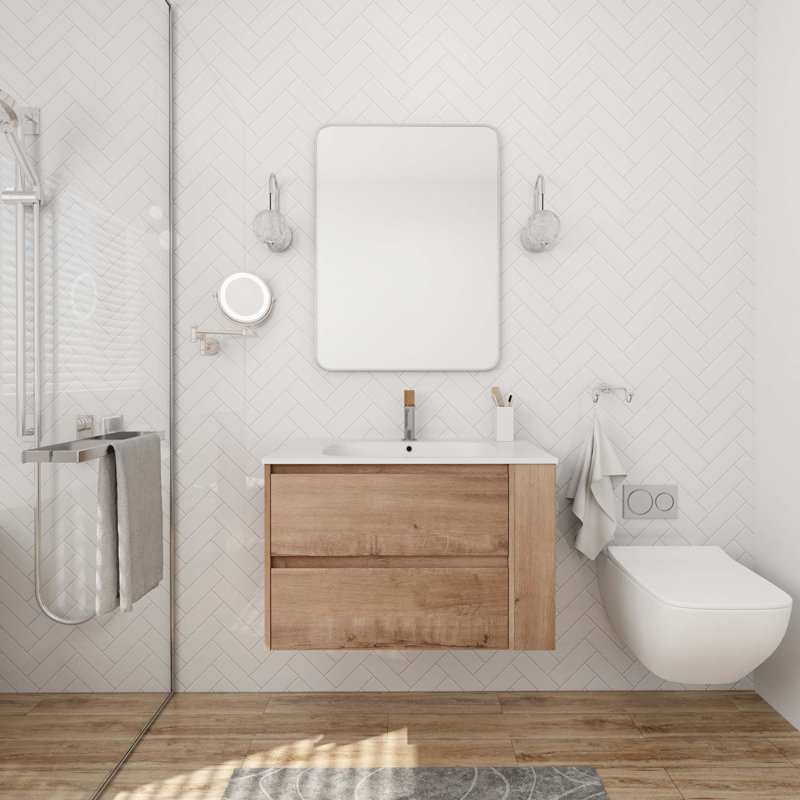 Meuble-lavabo mural 30 po avec lavabo en gel, tiroir à fermeture en douceur, Imitation chêne