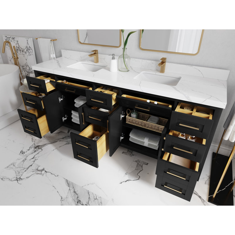 84'' Double Bathroom Vanity with Quartz Top, Black, Calacatta Laza