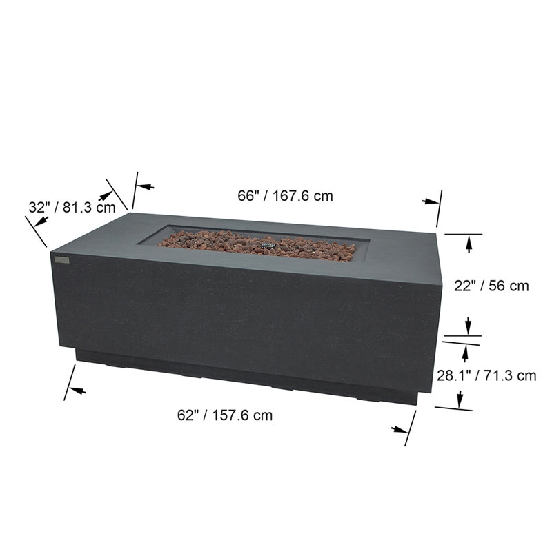 Andes Rectangle Concrete Propane Smokeless Fire Pit Table with Hidden Fuel Tank, Dark Gray