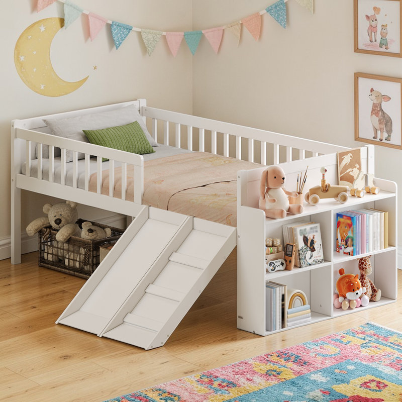 Twin Size Low Loft Bed With Slide, Staircase & Built-In Storage Shelves, White