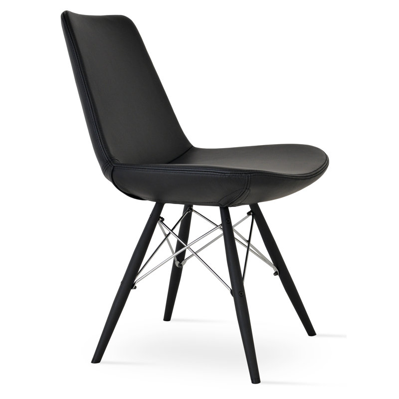 Chaise d'appoint Eiffel 19,5 cm de large, Cuir véritable noir, Tubes noirs / fil chromé
