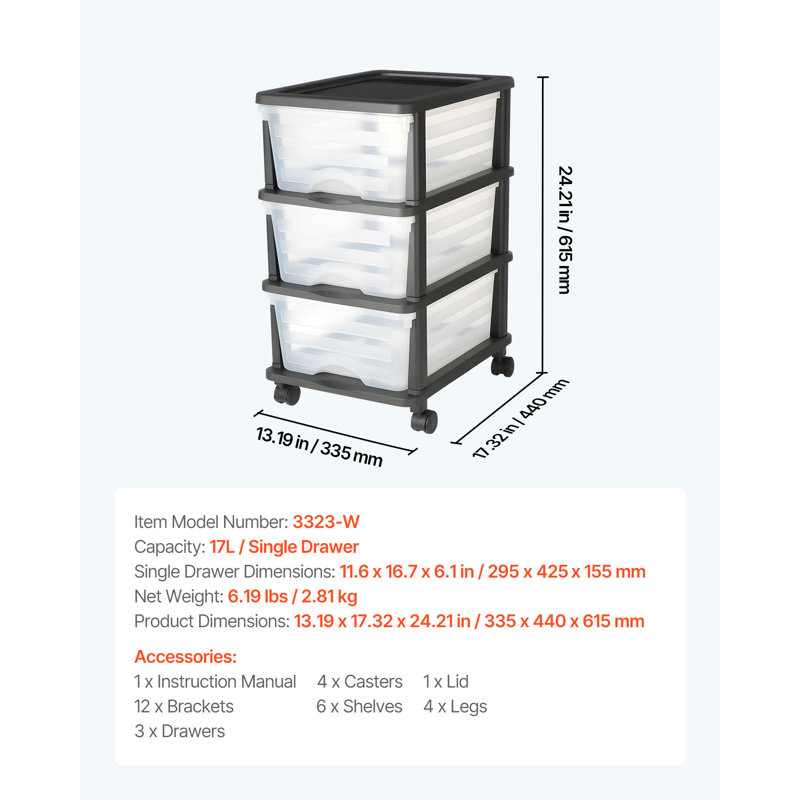 Chariot de rangement en plastique avec 3 tiroirs et roulettes, 3