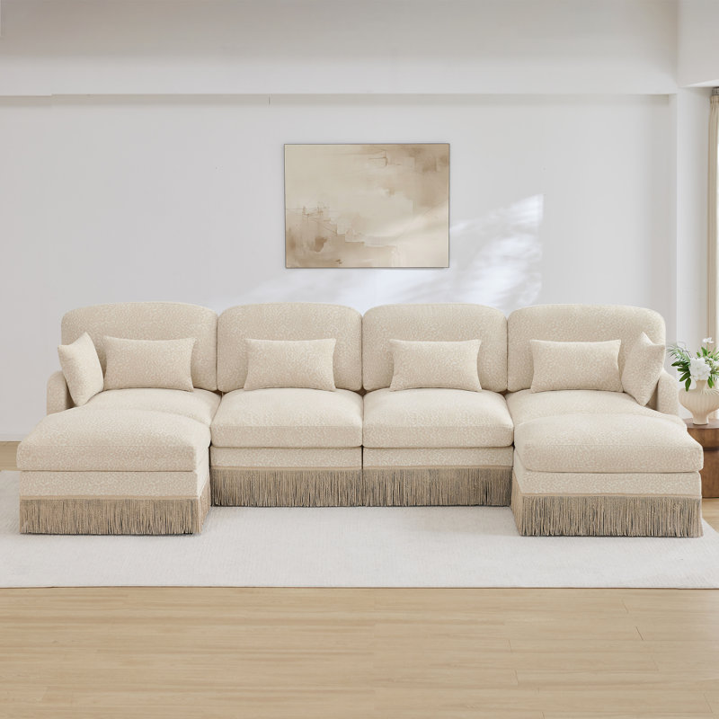 Canapé en forme de U de 131 po en chenille confortable à imprimé léopard, bord à pampille délicat, repose-pieds mobile, style moderne, dossier et siège ergonomiques, assemblage facile, siège profond pour le salon, café beige