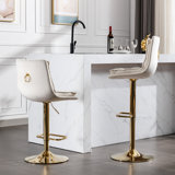 2 Bar Stools, Cream Fabric Covered, Adjustable In Height, Footrest & Base, Golden Legs, Foam Filled, Swivel Seat Stools ( Of 2), Coloured, Height Mechanically, Velvet + Leg, Base And Footrest, Filler