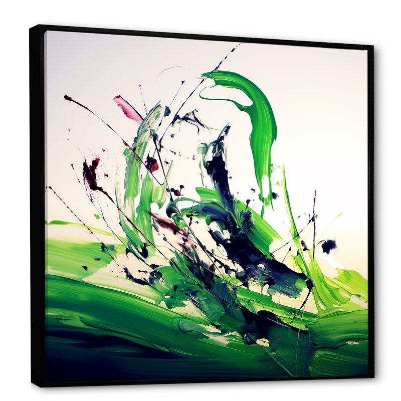 «Green and White Abstract Ink Expression IV», art mural abstrait, Cadre flottant noir, H 16 po x l 16 po x P 1 po