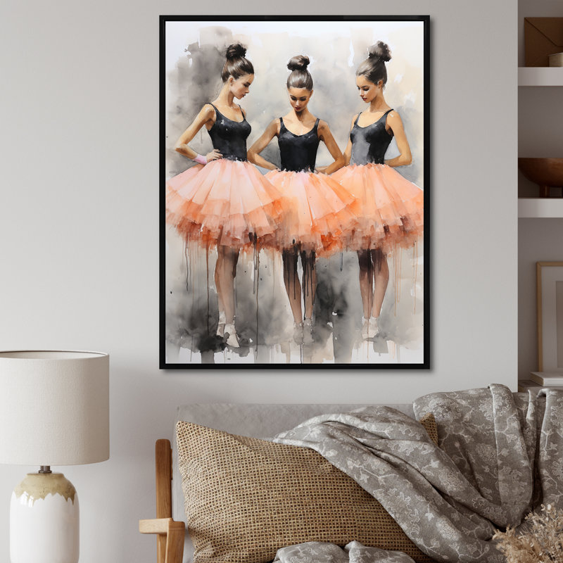 Art déco rose dansant Ballet III - Ballet, art mural, H 32 po x l 24 po x P 1 po, Cadre flottant noir