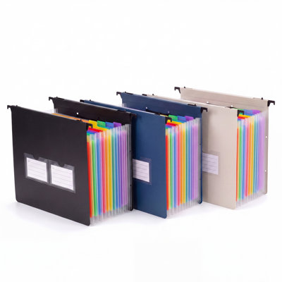 Ensemble de 3 dossiers suspendus extensibles, organisateurs pour accordéon à 13 pochettes avec séparateurs arc-en-ciel, fermeture à cordon élastique et pochettes doubles pour étiquettes, noir, bleu et beige