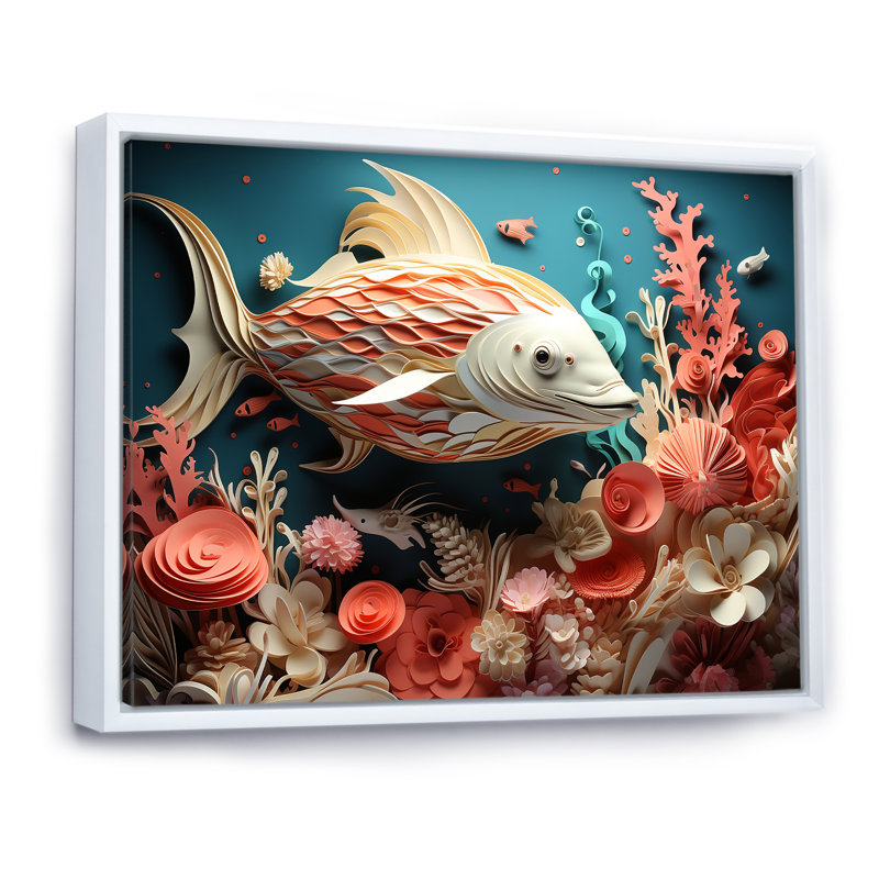 «Underwater Fish In Coral World Collage», reproduction sur toile, Cadre flottant blanc, H 24 po x l 32 po