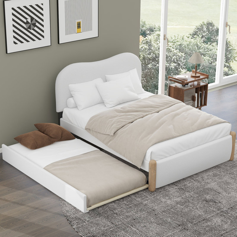 Lit plateforme tapissier double avec gigogne simple - Structure en bois massif, sans sommier tapissier, blanc, Blanc