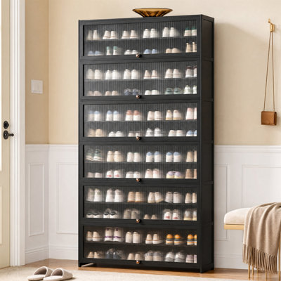 13-Tier Large Capacity Shoe Cabinet, Fluted Acrylic Flip Doors, Bamboo Frame