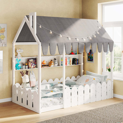 Lit simple pour enfants Montessori pour lit simple (lattes non incluses), lit au sol avec garde-corps, tente, lumières et 3 tablettes de rangement, blanc