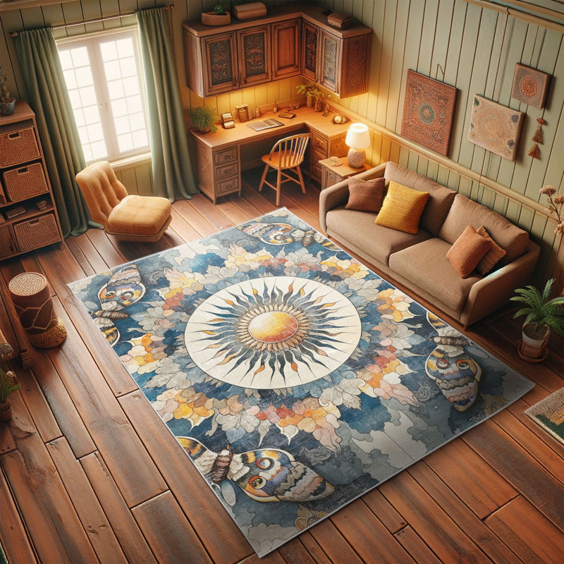 Bohemian Blue Sun and Moth Synthetic Area Rug 2'3" x 3'9"