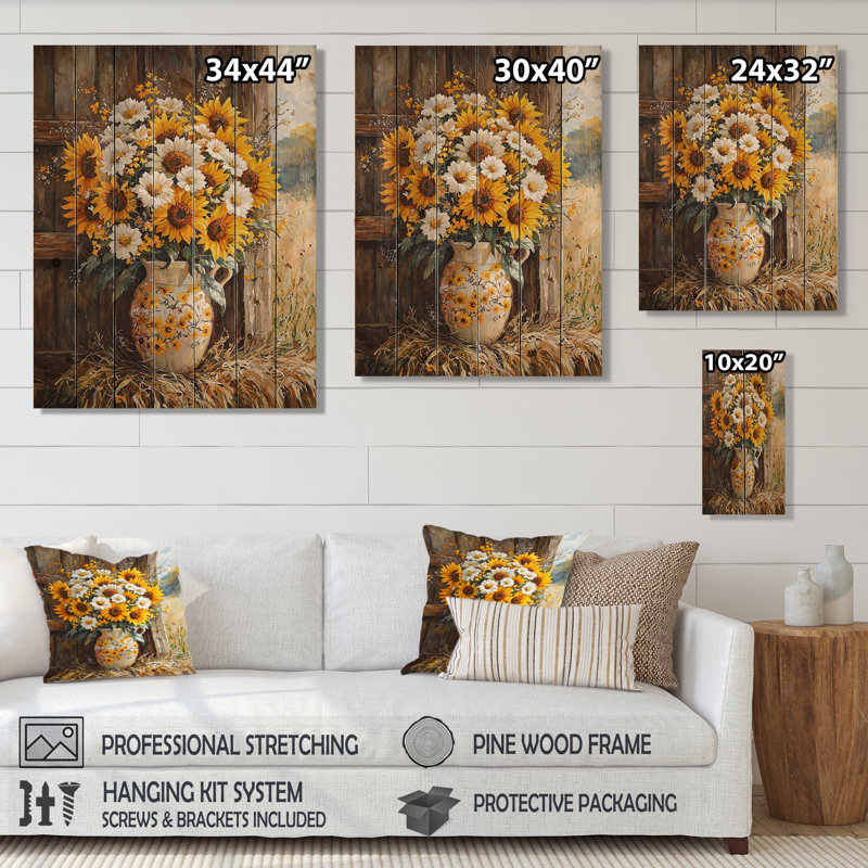 Sunflower And Peony Bouquet At The Farm I - Sunflowers Wood Wall Decor - On Natural Pine Wood, 40" H x 30" W x 0.78" D