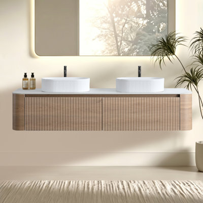 Meuble-lavabo mural 72 po en chêne miel - Double lavabo ovale en céramique rayé blanc, porte-serviettes gratuit, pré-assemblé (sans bonde et robinet)