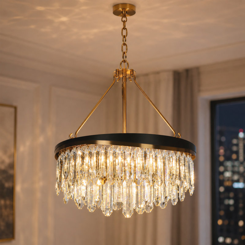 Kethe 4-Light Modern Dimmable Drum Chandelier with Black and Brass Crystal for Dining Room