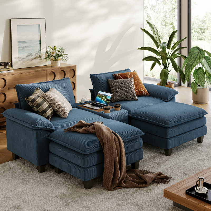  Colbey 105" Modular Cloud Sleeper Sofa with Console Table & Two Otomans, Elio Navy Corduroy