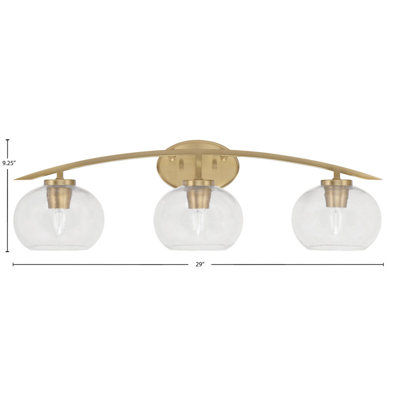 Kurve 3 Light Bath Bar With 7" Clear Bubble Glass, Brass
