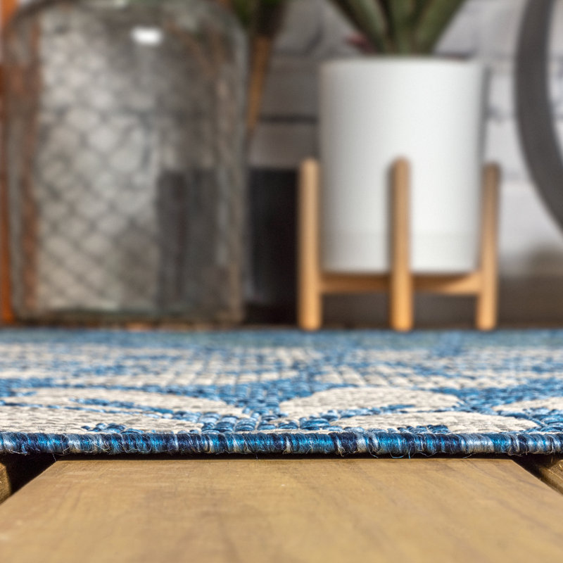 Hagy Modern Floral Textured Weave Navy/Aqua Indoor/Outdoor Rug, Rectangle 7'9" x 10'