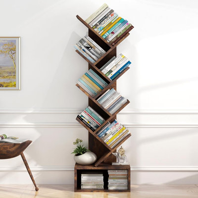 Tree Bookshelf, 8-Tier Tall Wooden Bookcase with Drawer, Floor Standing Space-Saving Organizer Shelf