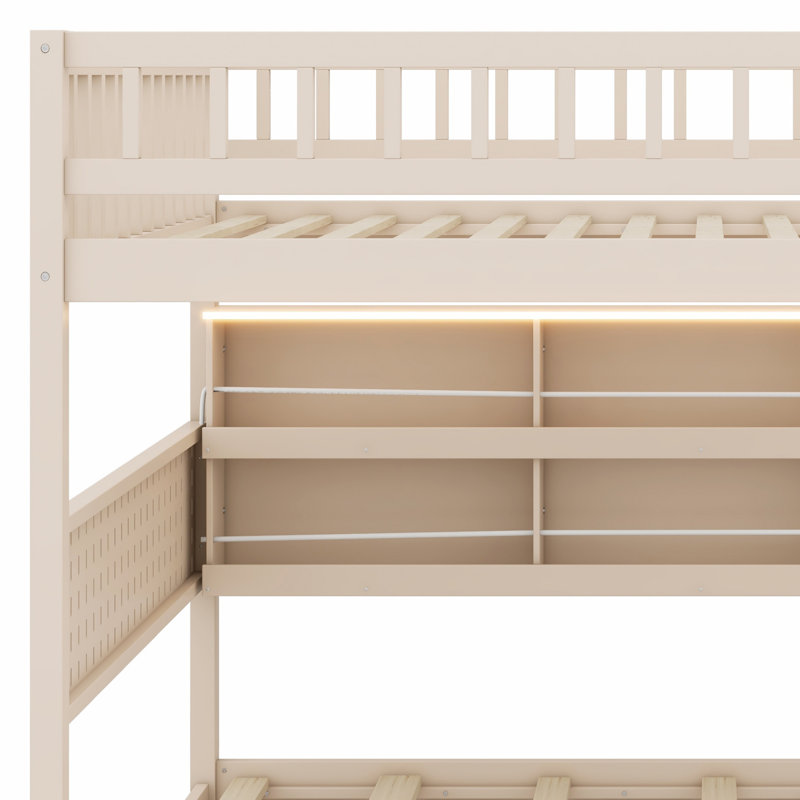 Lit superposé moderne avec tablettes intégrées, lumières et rangement perforé, Beige