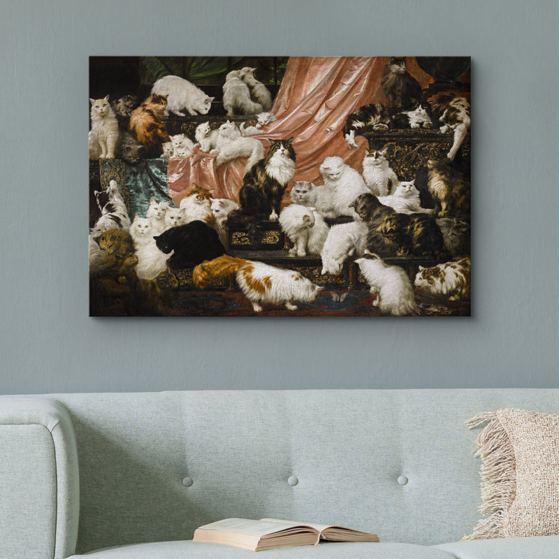 Impression sur toile Victorian Cat Gathering - Portrait animalier de style baroque pour couloir ou bibliothèque, Toile tendue
