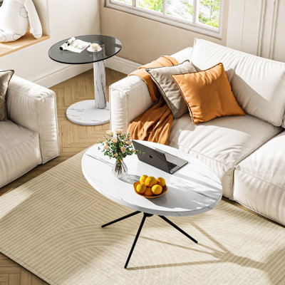 Faux Marble Coffee Table Set Of 2, Round Coffee Side Table Set And Modern Tempered Transparent Glass Top For Living Room, Cafe, Home, And Office