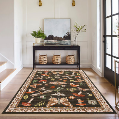 Tapis lavable pour le salon, tapis décoratif à motif floral d'insecte doux antidérapant, tapis d'intérieur pliable résistant aux taches pour la salle à manger, le bureau, la salle de jeux, la chambre de bébé
