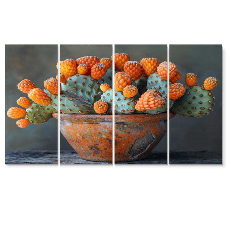 Orange orange vert, photo monochrome de cactus dans un vase I - ensemble d'art mural floral cactus, H 32 po x l 64 po