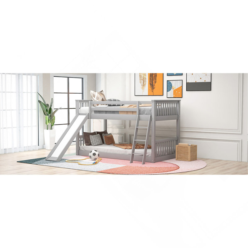 Lit superposé simple au-dessus d'un lit simple avec glissière convertible et échelle, Gris