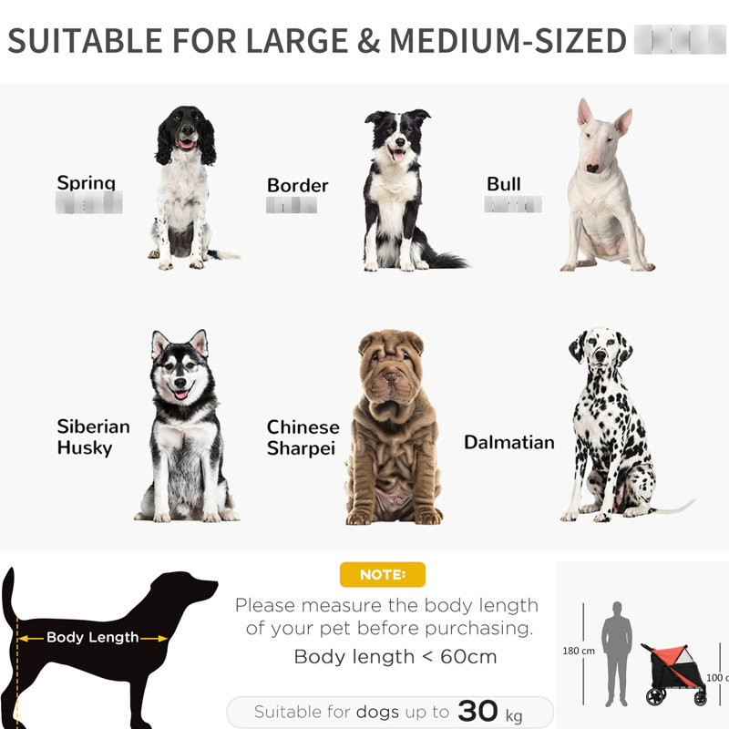 Poussette pliable pour animaux de compagnie pour grands chiens, rouge, amortisseurs, porte en filet, laisse et moyenne pliable, absorbante, avec rangement