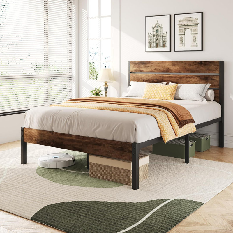 Heavy-Duty Platform Bed Frame with Wood Headboard - Metal Slat Support, Underbed Storage, No Box Spring Needed, Easy Assembly -  190x130x100 cm