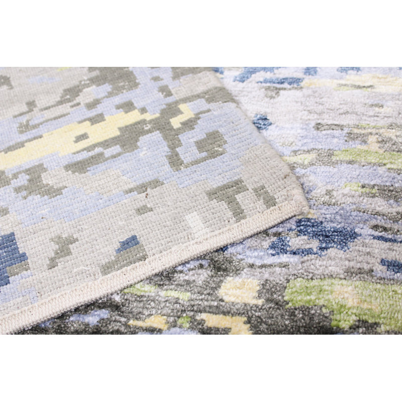 Gray and Blue Hand-knotted Viscose Abstract 9' x 12' Rug