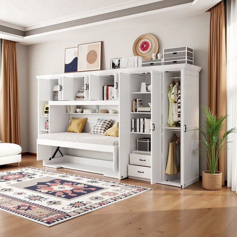 Lit simple escamotable avec armoire de bureau et armoires de rangement