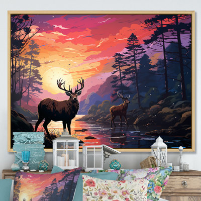 Deer Moonlit Landscape II - Deer Animal Wall Art