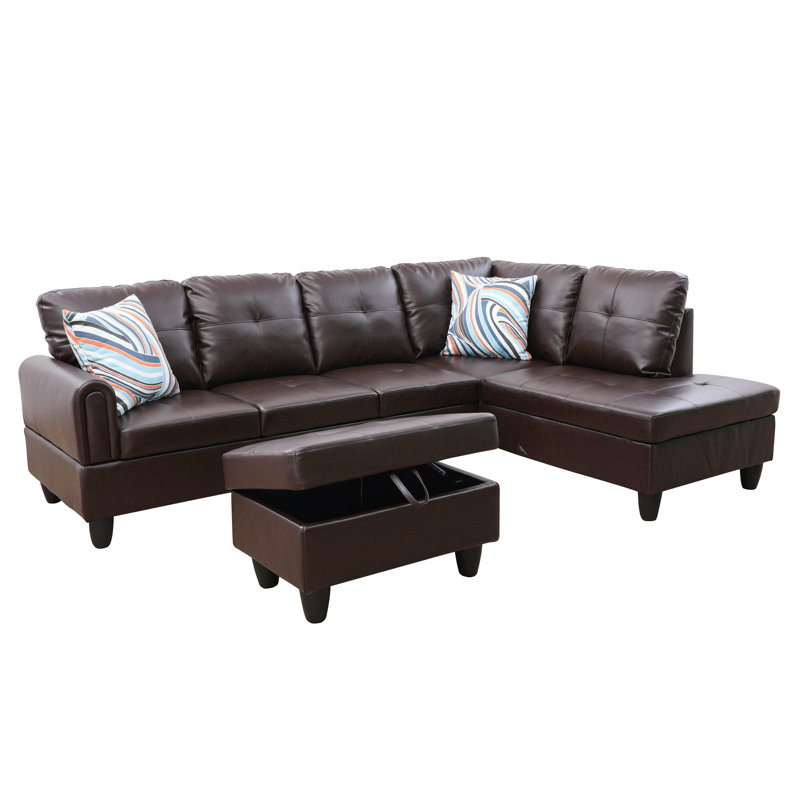 Jayzen 3 - Piece Vegan Sectional, Right Hand Facing, Brown Faux Leather, Black