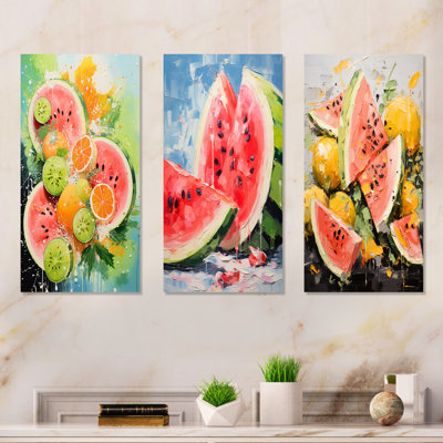 «Summertime Watermelon Fruit I - Fruit», ensemble de 3 reproductions d'art en métal