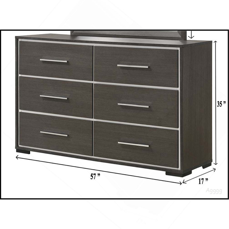 Mobilier de chambre à coucher 1 tiroir contemporain à 6 tiroirs avec détails chromés gris au fini rustique pour chambre à coucher