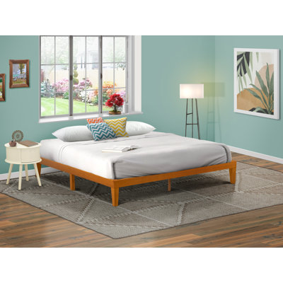 King Size Platform Bed Frame with 4 Solid Wood Legs and 2 Extra Center Legs - Oak Finish