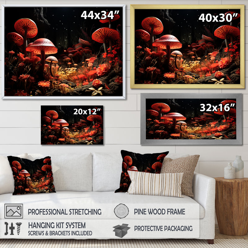 «Red Enchanted Mushroom Botanicals Garden», art mural botanique, Cadre doré à coins fermés, H 24 po x l 32 po x P 1 po