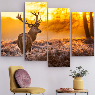 Animaux, cerf sous le soleil, forêt, nature, paysage, très grand décor de salon sur toile, ensemble de 4 pièces