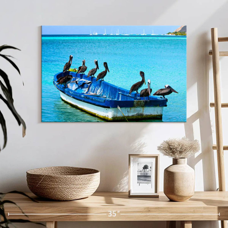 Bramic pélicans sur un bateau, H 24 po x l 36 po