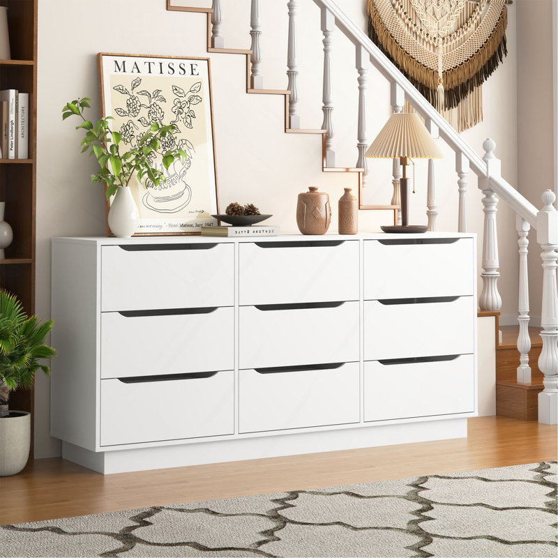 Commode 9 tiroirs pour la chambre à coucher avec tiroirs profonds, commodes en bois à plancher large et commode, commodes longues blanches modernes pour le placard du salon