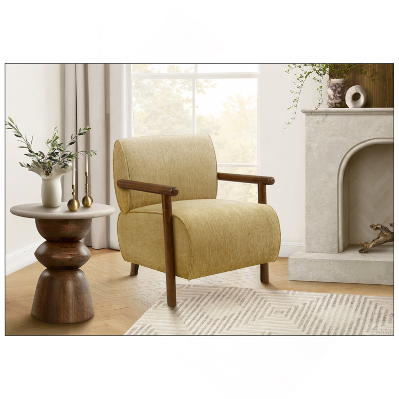 Chaise d'appoint, H 31 po, rembourrée, salon, chambre à coucher, tissu doré, bois de noyer brun, moderne, Mid-Century, Gold
