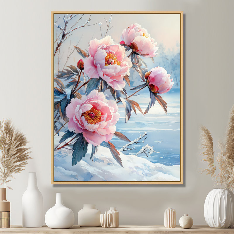 Pe pivoines près du lac gelé II - pivoines, art mural encadré, H 32 po x l 24 po, Impression encadrée sans passe-partout