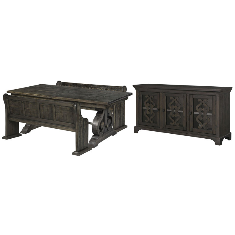 Grita Extendable Rectangular Dining Table With 2 Benches And Server, 4 Pieces: Table, Sideboard, 2 Benches