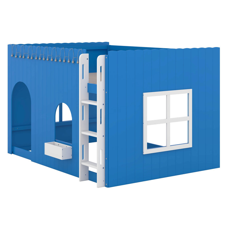Lit mezzanine pour enfants avec guirlande lumineuse à DEL, barrière de sécurité, espace de jeu sous le lit, Full, Klein Blue