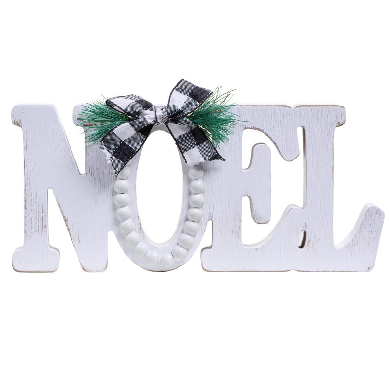 Plaque de Noël de Noël rustique autoportante NOEL avec couronne perlée