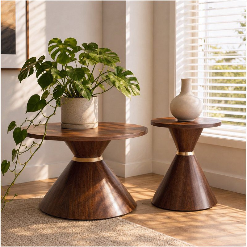 Ensemble de tables basses rondes 2 pièces à la mode, comptoir texturé en noyer avec base en métal stable, table d'appoint facile à nettoyer dans le salon et la chambre à coucher