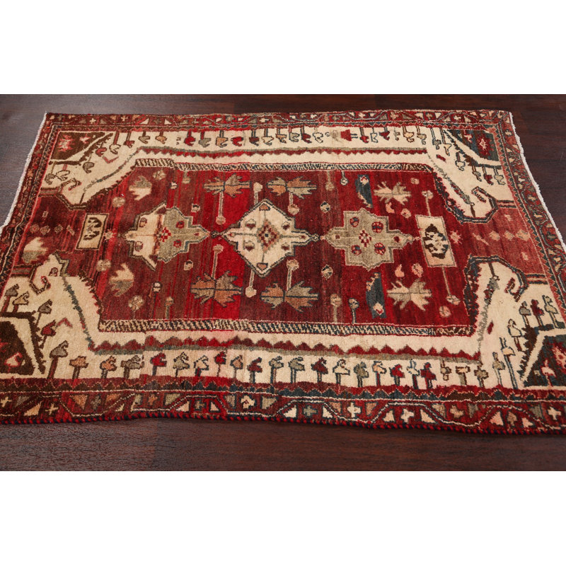 Tapis rouge / crème unique en laine noué à la main Bakhtiari des années 1960 de 3 pi 8 po x 5 pi