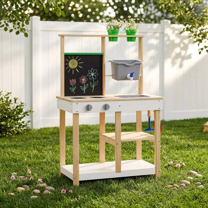 Teamson Kids Clover Wooden Mud Kitchen With Water Station And Chalkboard
